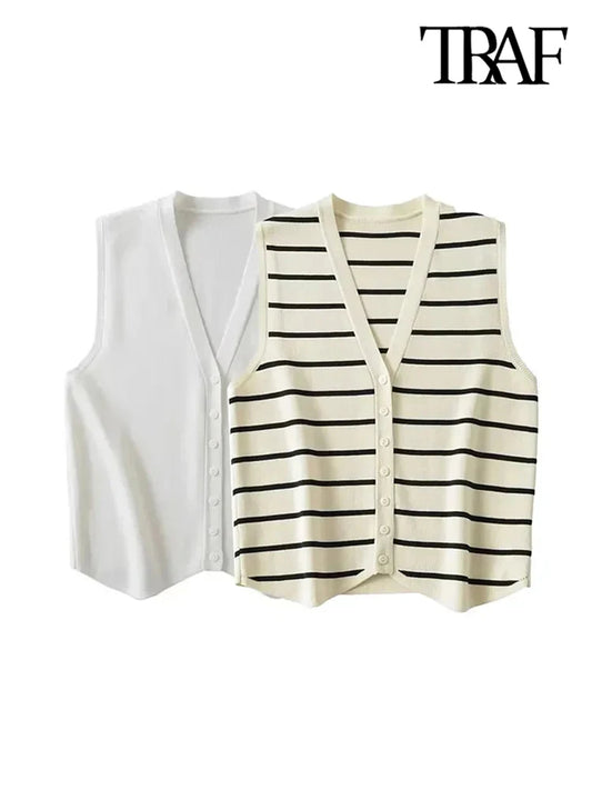 TRAF Women Fashion Front Button Striped Knit Vest Sweater Vintage V Neck Sleeveless Female Waistcoat Chic Vest Tops