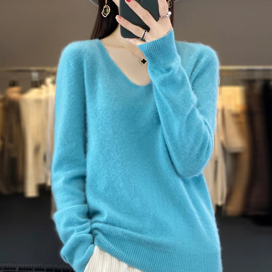 Merino Wool Women's Autumn And Winter Solid Color V-Neck Long-Sleeved Loose Knitted Sweater