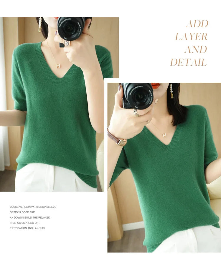 Spring/Summer 2022 Ladies Sweater Pullover Solid Color V-neck Half-sleeved Knitted Cashmere Sweater Thin Casual Top