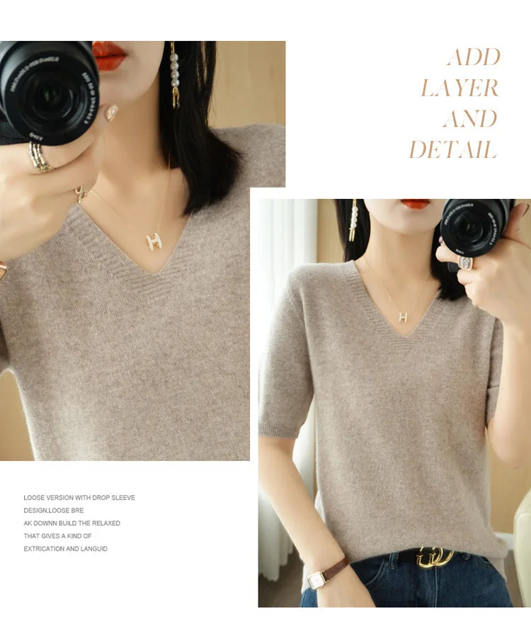 Spring/Summer 2022 Ladies Sweater Pullover Solid Color V-neck Half-sleeved Knitted Cashmere Sweater Thin Casual Top