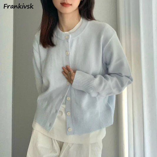 Solid Cardigan Women Simple Elegant Cozy Fashion Ins Long Sleeved Spring Autumn Daily College Outerwear Basic Knitwear Lovely