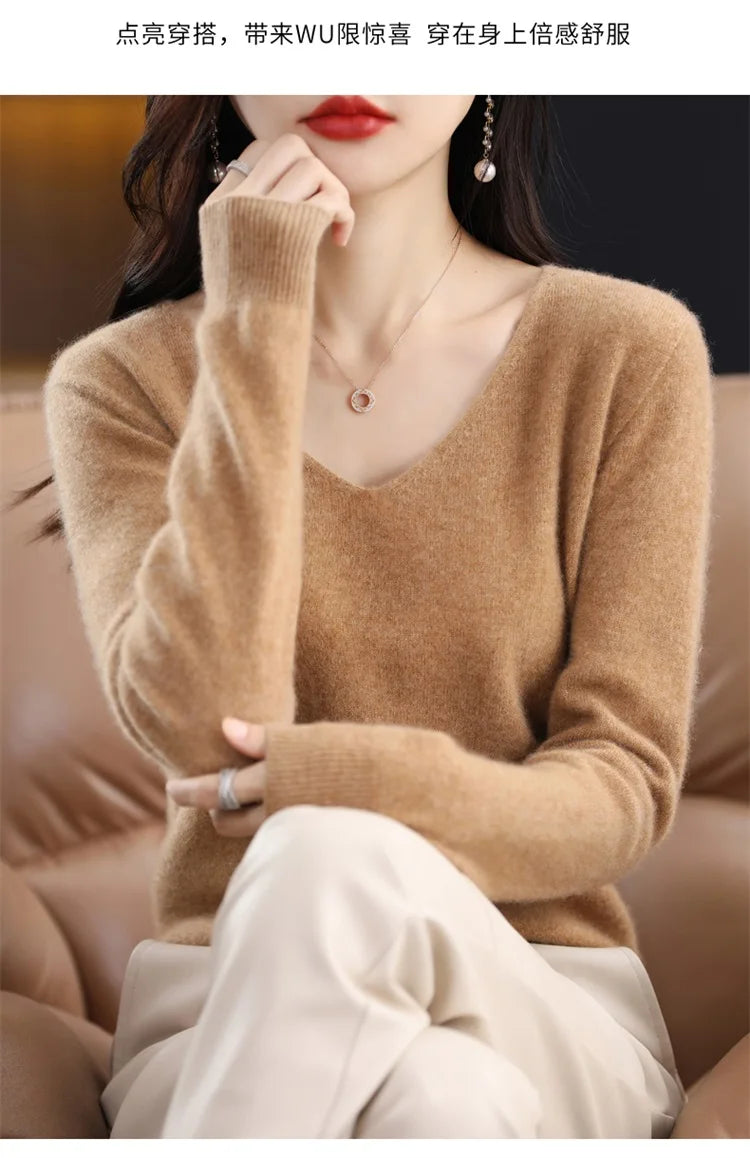 Merino Wool Women's Autumn And Winter Solid Color V-Neck Long-Sleeved Loose Knitted Sweater