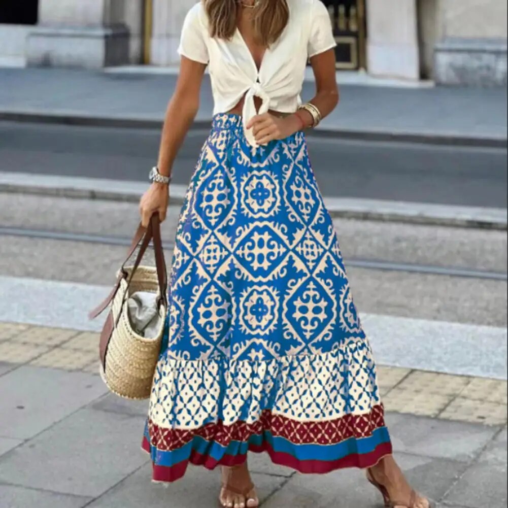 Seville | Women's Boho Maxi Skirt High Waist Floral Print Ruffle - Seldom Seen Styles