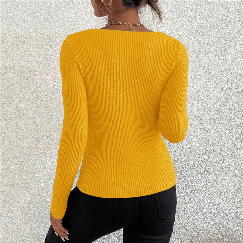 2024 Autumn Winter Women Solid Rib Knit V Neck Stripe Pull Sweater Femme Y2k Long Sleeve Pullover Jersey Tops Fashion Clothes