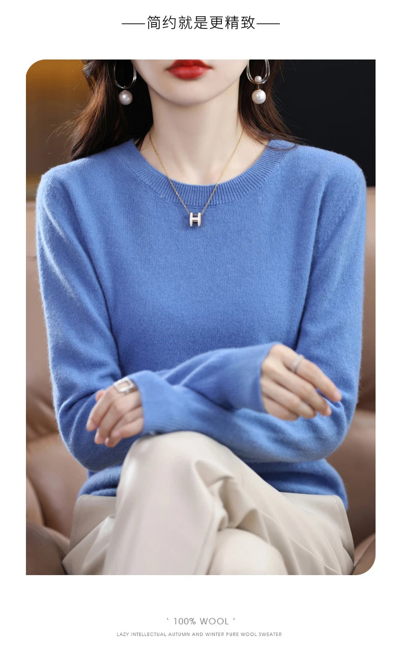 Women's 100% Pure Wool Cashmere Sweater O-Neck Pullover Knitted Casual Sweater Winter New  Long-Sleeved Warm High-Grade Jumper