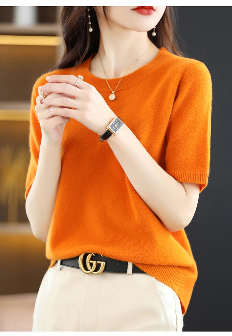 Spring and Summer New Short-sleeved Women O-neck Slim Wool Cotton Blend Pullover Vest T-shirt Knitted Base Sweater