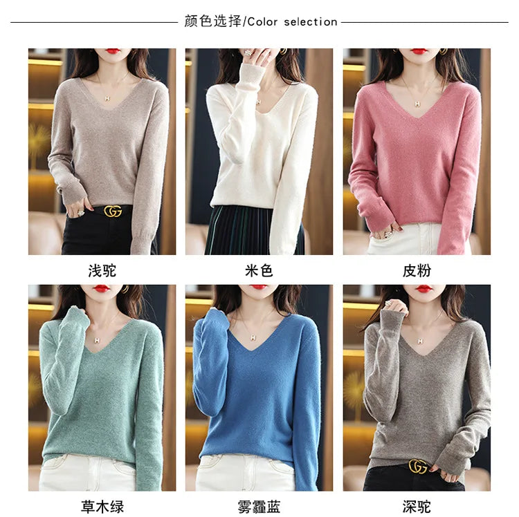 Herbst Winter Frauen Pullover 2024 Koreanische Mode Strickwaren Warme Langarm V-ausschnitt Strick Pullover Slim Fit Bodenbildung Shirt Jumper