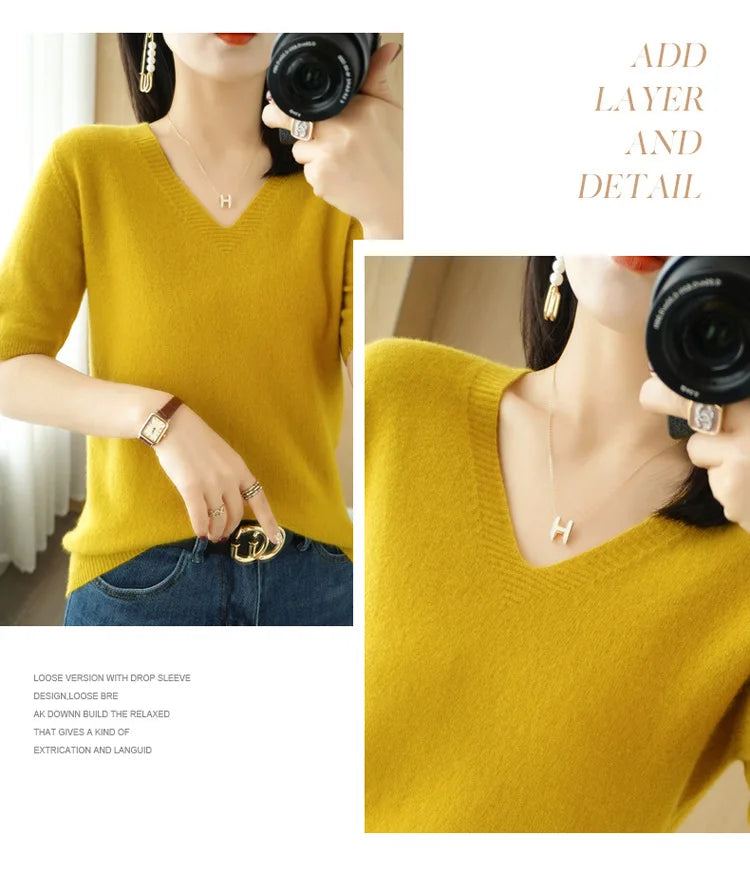 Spring/Summer 2022 Ladies Sweater Pullover Solid Color V-neck Half-sleeved Knitted Cashmere Sweater Thin Casual Top