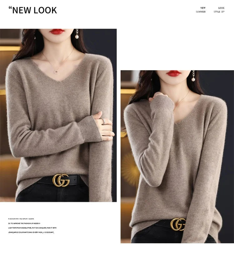 Merino Wool Women's Autumn And Winter Solid Color V-Neck Long-Sleeved Loose Knitted Sweater