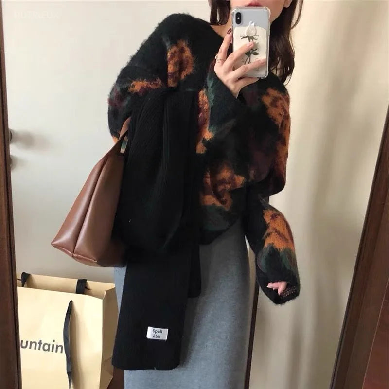 Jumper Black Printed Pullover Japanese Vintage Sweater Sueter Mujer Y2k Top Grunge Oversized Sweaters Pull Femme Rose