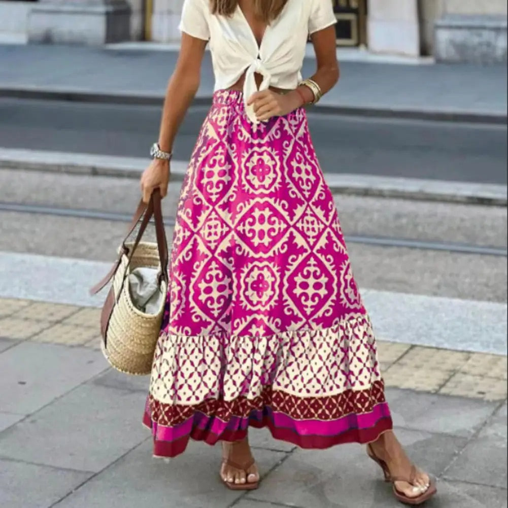 Seville | Women's Boho Maxi Skirt High Waist Floral Print Ruffle - Seldom Seen Styles