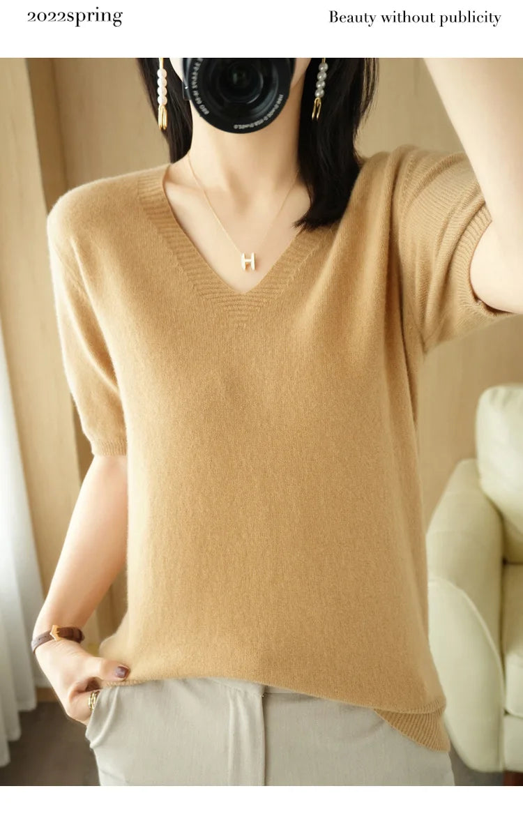 Spring/Summer 2022 Ladies Sweater Pullover Solid Color V-neck Half-sleeved Knitted Cashmere Sweater Thin Casual Top