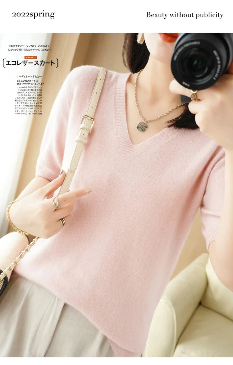 Spring/Summer 2022 Ladies Sweater Pullover Solid Color V-neck Half-sleeved Knitted Cashmere Sweater Thin Casual Top