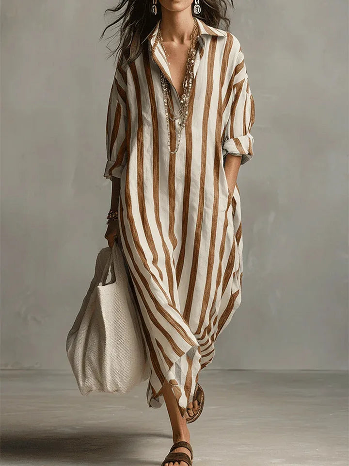 Amaris Loose Linen Cotton Striped Maxi Dress - Casual 3/4 Sleeve Shirt Dress - Seldom Seen Styles