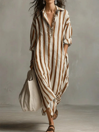 Amaris Loose Linen Cotton Striped Maxi Dress - Casual 3/4 Sleeve Shirt Dress