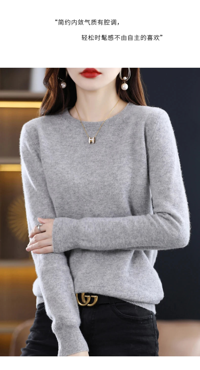 Women's 100% Pure Wool Cashmere Sweater O-Neck Pullover Knitted Casual Sweater Winter New  Long-Sleeved Warm High-Grade Jumper