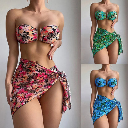 Cyflymder  Printing Split Bikini Set Women Swimsuit Metal U-shaped Decoration Bandage G-string Bikini Cover Ups Sexy 3 Piece Sets Beachwear