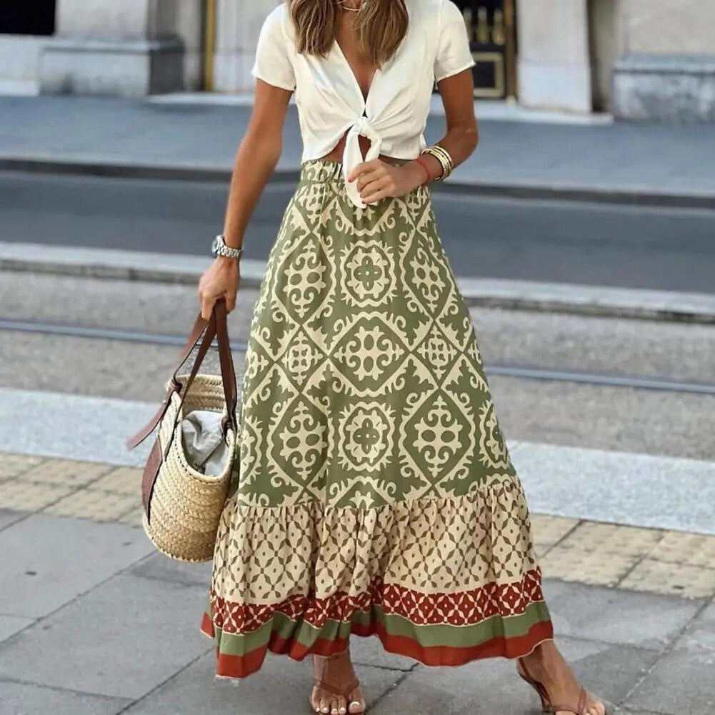 Seville | Women's Boho Maxi Skirt High Waist Floral Print Ruffle - Seldom Seen Styles