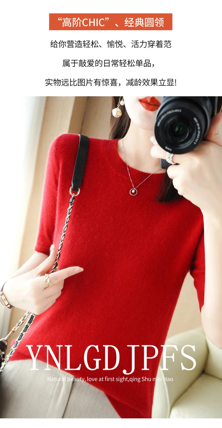 Spring and Summer New Short-sleeved Women O-neck Slim Wool Cotton Blend Pullover Vest T-shirt Knitted Base Sweater