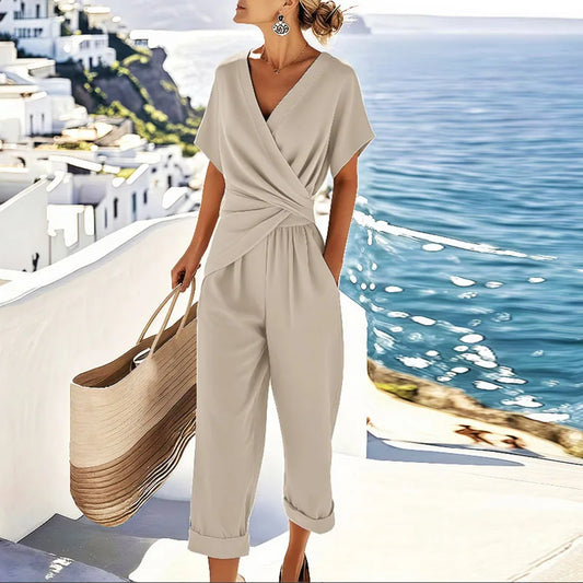Women's Summer One Piece Jumpsuits Belted Short Sleeve Wrap V Neck Fashion Dressy Casual Wide Leg Pants Romper - Seldom Seen Styles