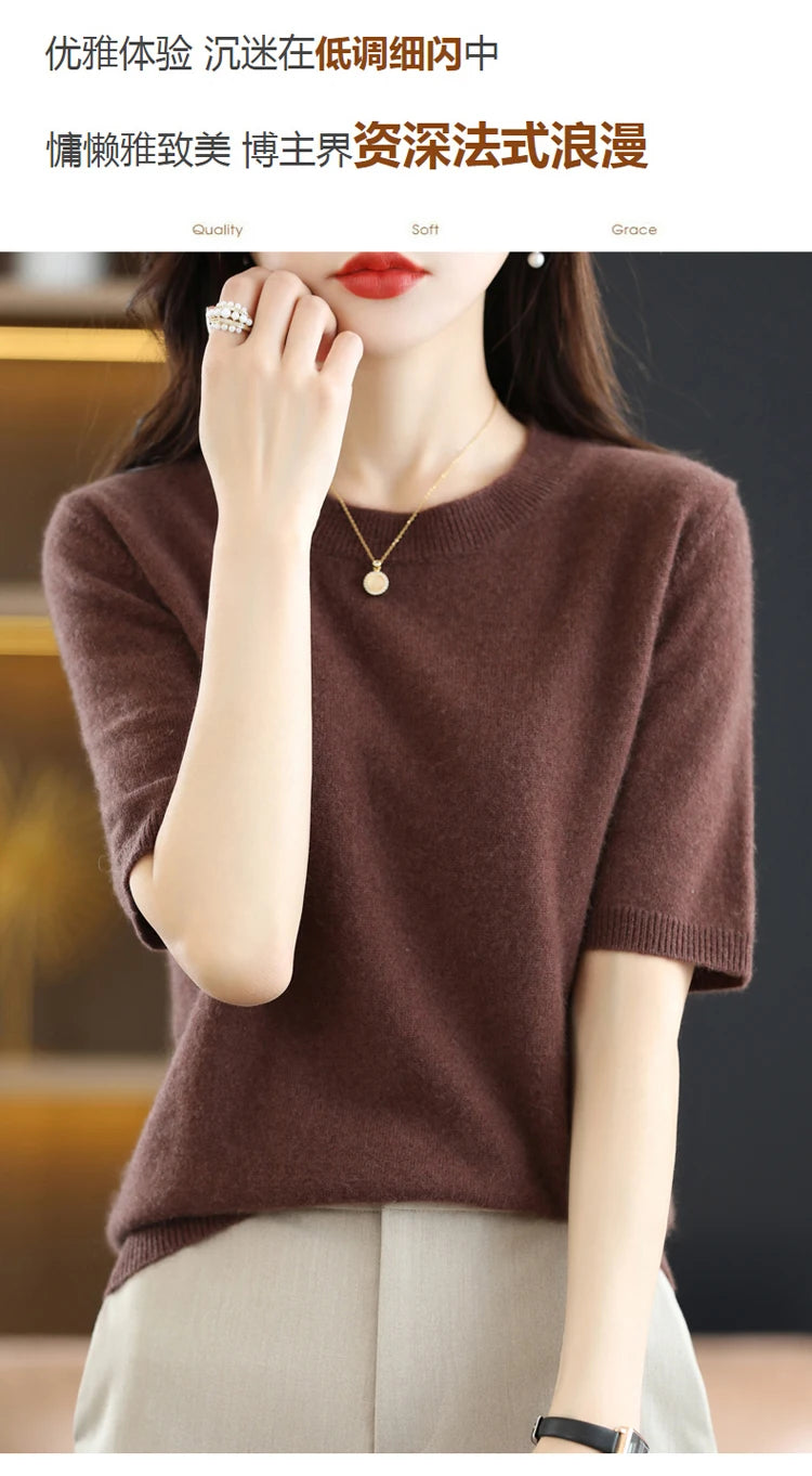 Spring and Summer New Short-sleeved Women O-neck Slim Wool Cotton Blend Pullover Vest T-shirt Knitted Base Sweater