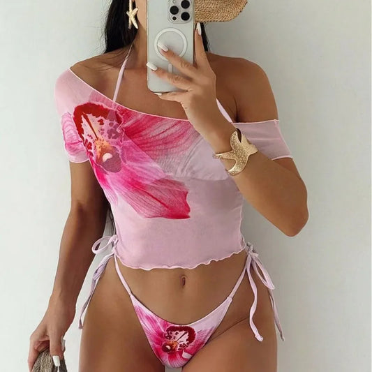 Cyflymder  Women Three Piece Bikini Set Vintage Floral Print Lace Up Micro Bikini Mesh Short Sleeve Tops Cover-Up Beach Pool Party Swimsuit