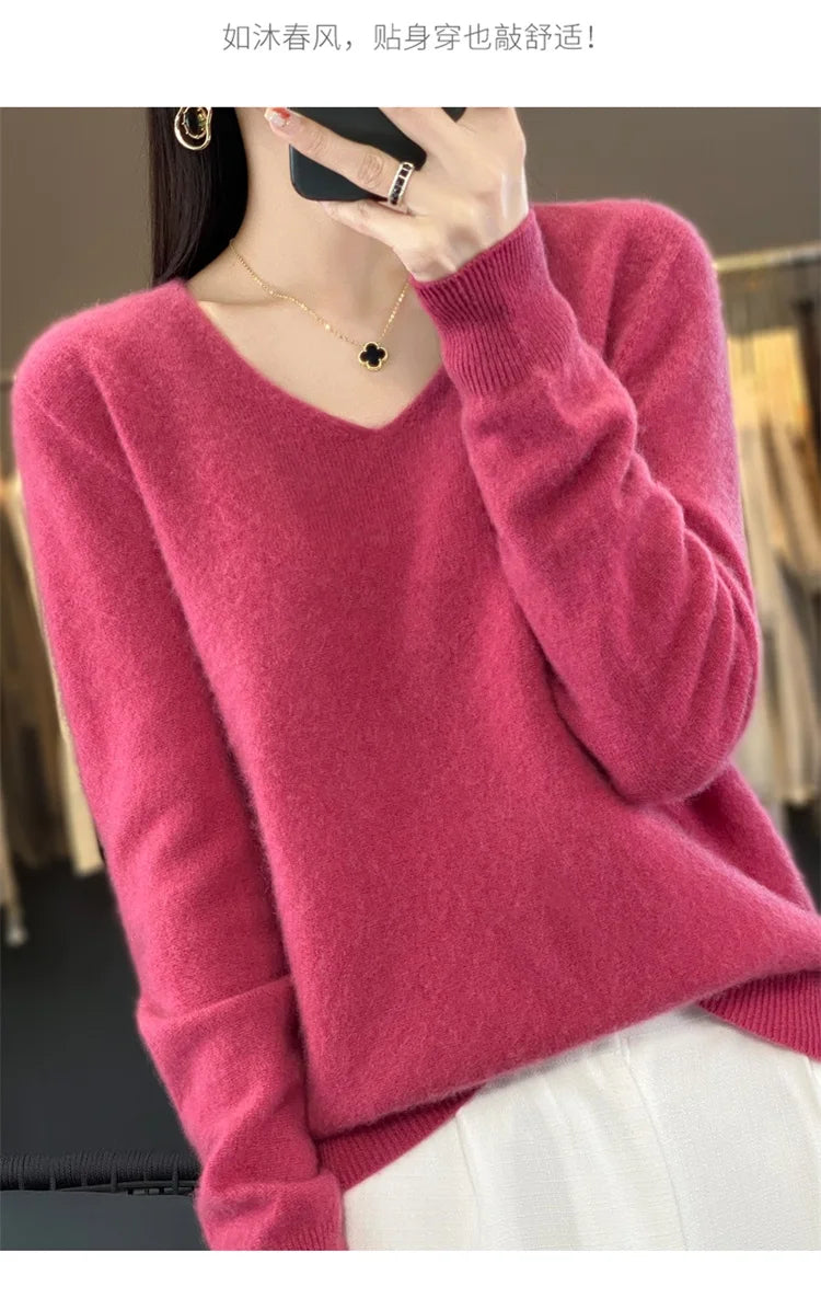 Merino Wool Women's Autumn And Winter Solid Color V-Neck Long-Sleeved Loose Knitted Sweater