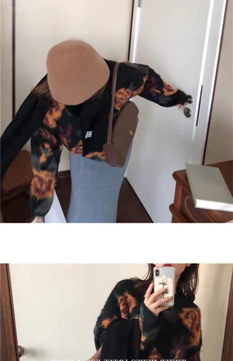 Jumper Black Printed Pullover Japanese Vintage Sweater Sueter Mujer Y2k Top Grunge Oversized Sweaters Pull Femme Rose