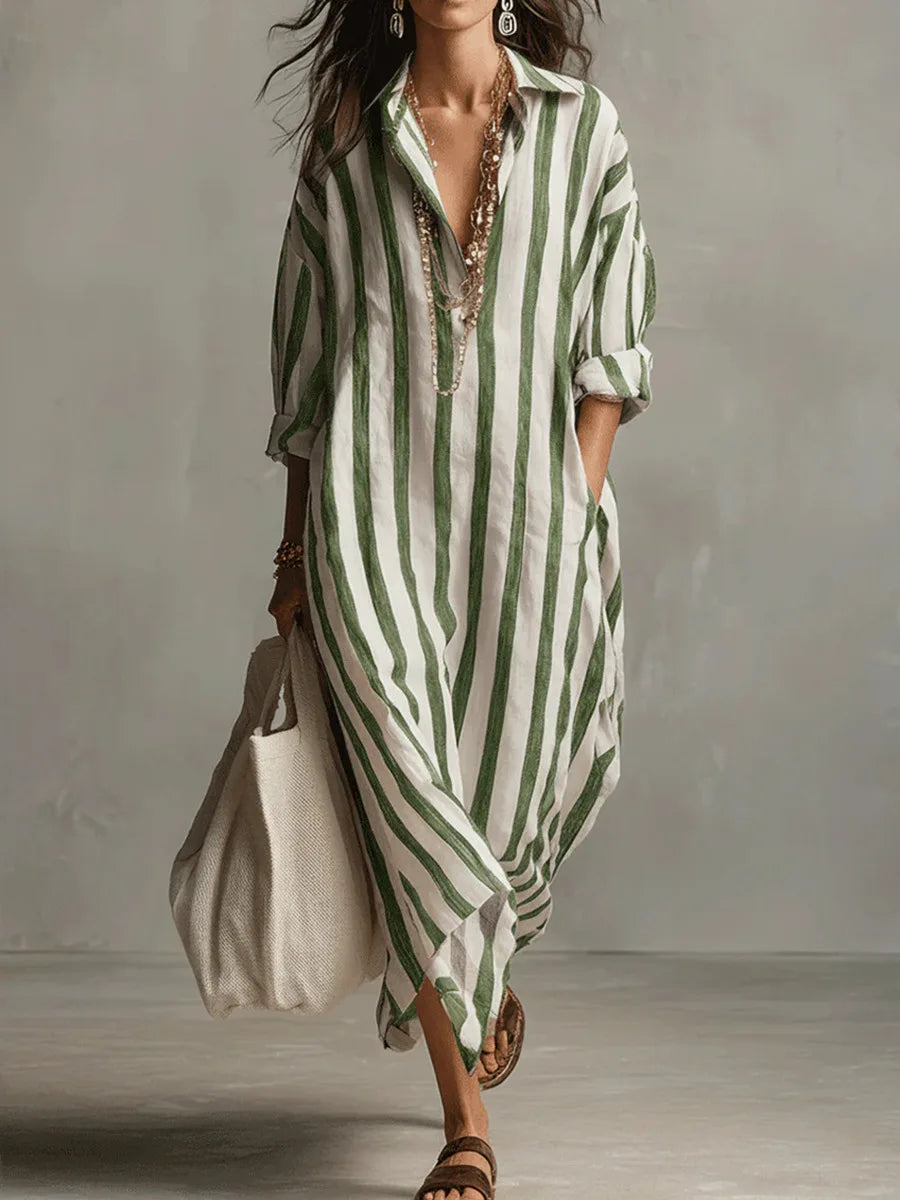 Amaris Loose Linen Cotton Striped Maxi Dress - Casual 3/4 Sleeve Shirt Dress - Seldom Seen Styles
