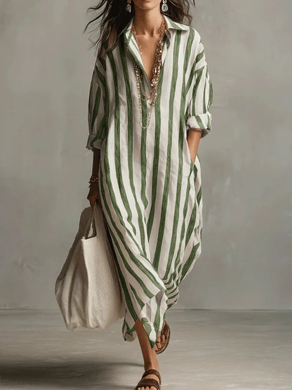 Amaris Loose Linen Cotton Striped Maxi Dress - Casual 3/4 Sleeve Shirt Dress