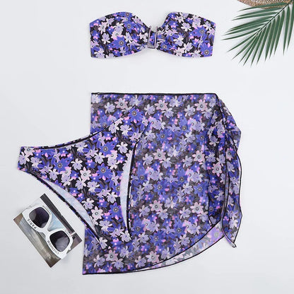Cyflymder  Printing Split Bikini Set Women Swimsuit Metal U-shaped Decoration Bandage G-string Bikini Cover Ups Sexy 3 Piece Sets Beachwear