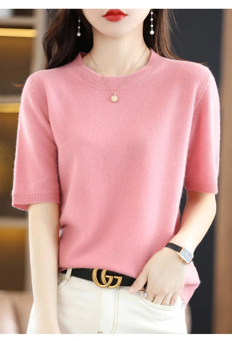 Spring and Summer New Short-sleeved Women O-neck Slim Wool Cotton Blend Pullover Vest T-shirt Knitted Base Sweater