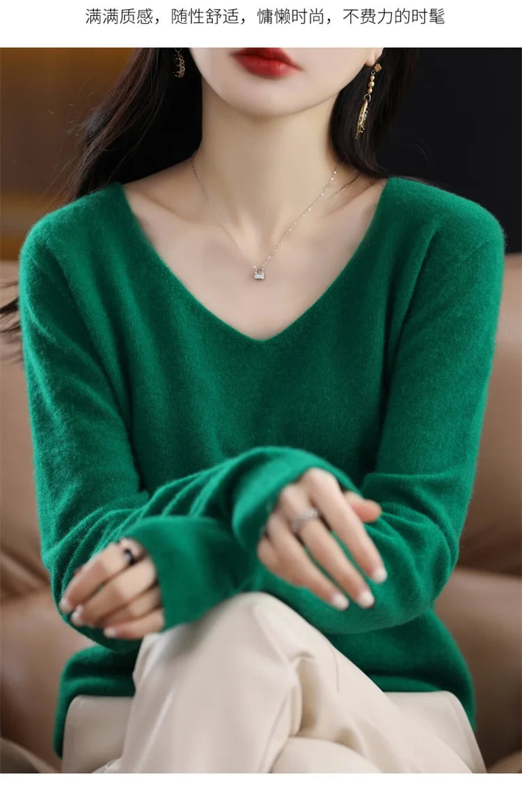 Merino Wool Women's Autumn And Winter Solid Color V-Neck Long-Sleeved Loose Knitted Sweater