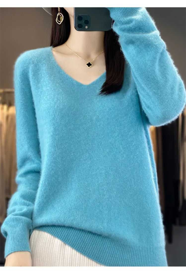 Merino Wool Women's Autumn And Winter Solid Color V-Neck Long-Sleeved Loose Knitted Sweater