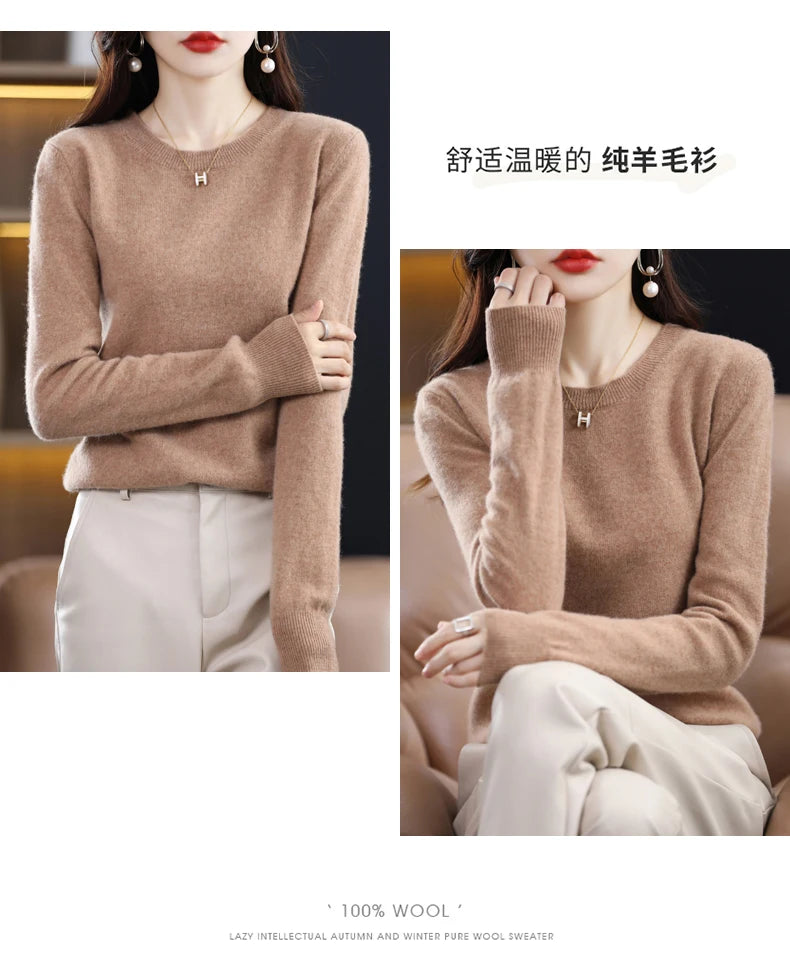 Women's 100% Pure Wool Cashmere Sweater O-Neck Pullover Knitted Casual Sweater Winter New  Long-Sleeved Warm High-Grade Jumper