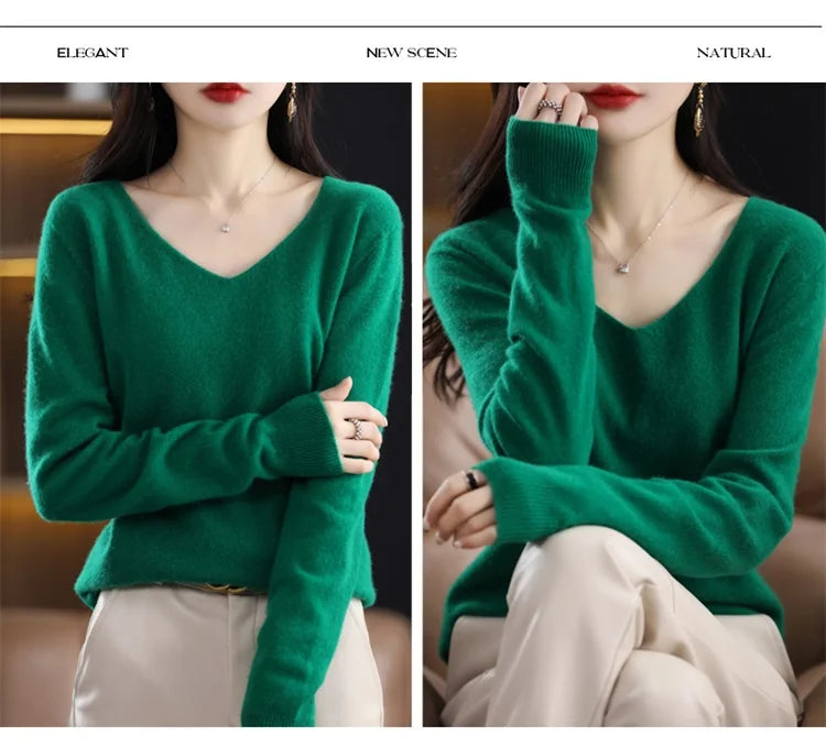 Merino Wool Women's Autumn And Winter Solid Color V-Neck Long-Sleeved Loose Knitted Sweater