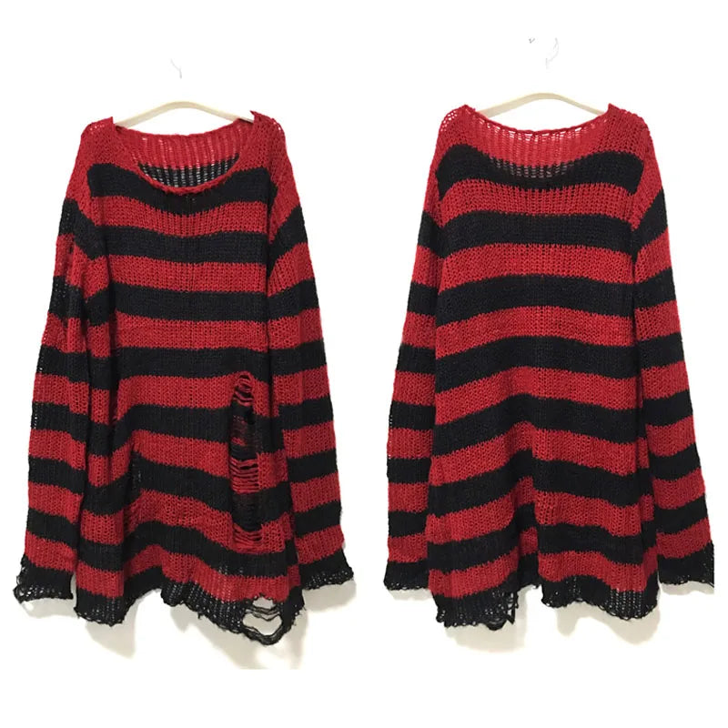 New Punk Gothic Long Unisex Sweater Summer Women Striped Cool Hollow Out Hole Broken Jumper Loose Rock Thin Dark Streetwear Top