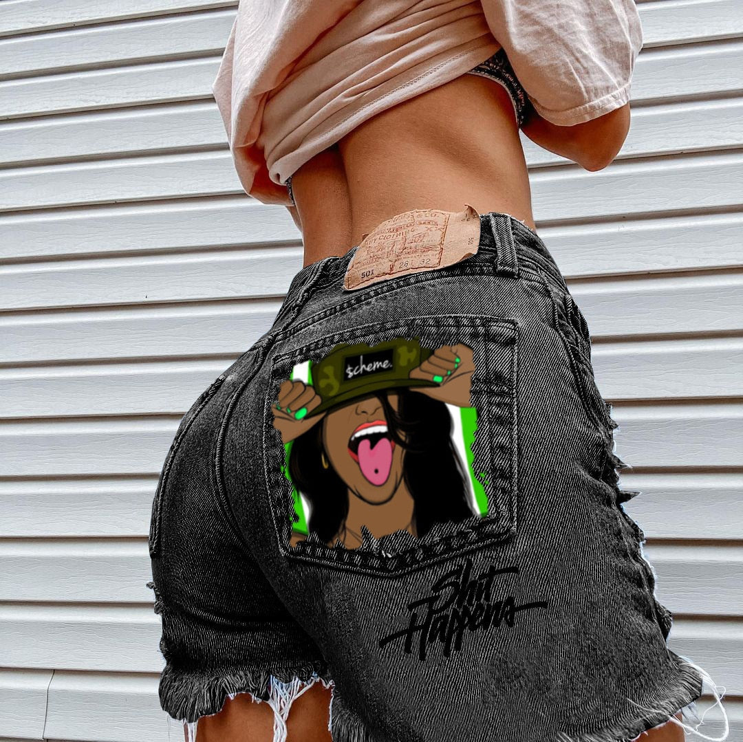 FashionSierra - Women's High Street INS Net Red Playful Girl Pattern Printed Denim Shorts - Seldom Seen Styles