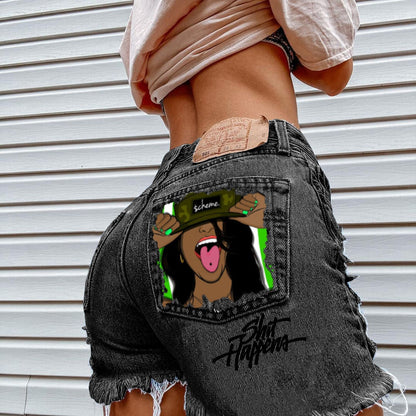 FashionSierra - Women's High Street INS Net Red Playful Girl Pattern Printed Denim Shorts