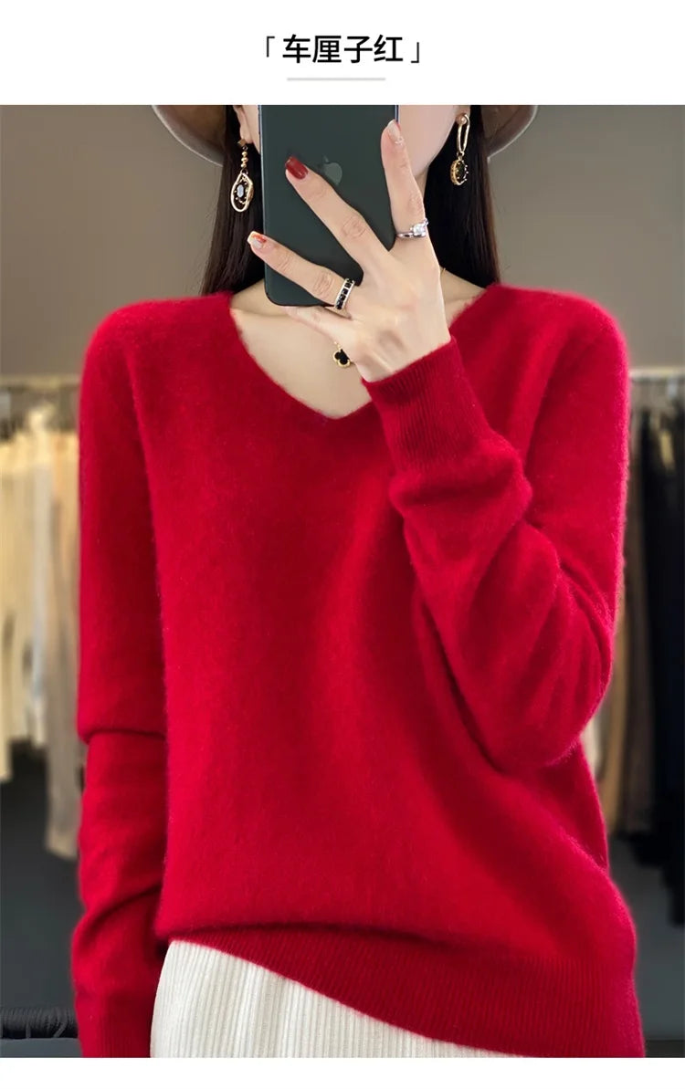 Merino Wool Women's Autumn And Winter Solid Color V-Neck Long-Sleeved Loose Knitted Sweater