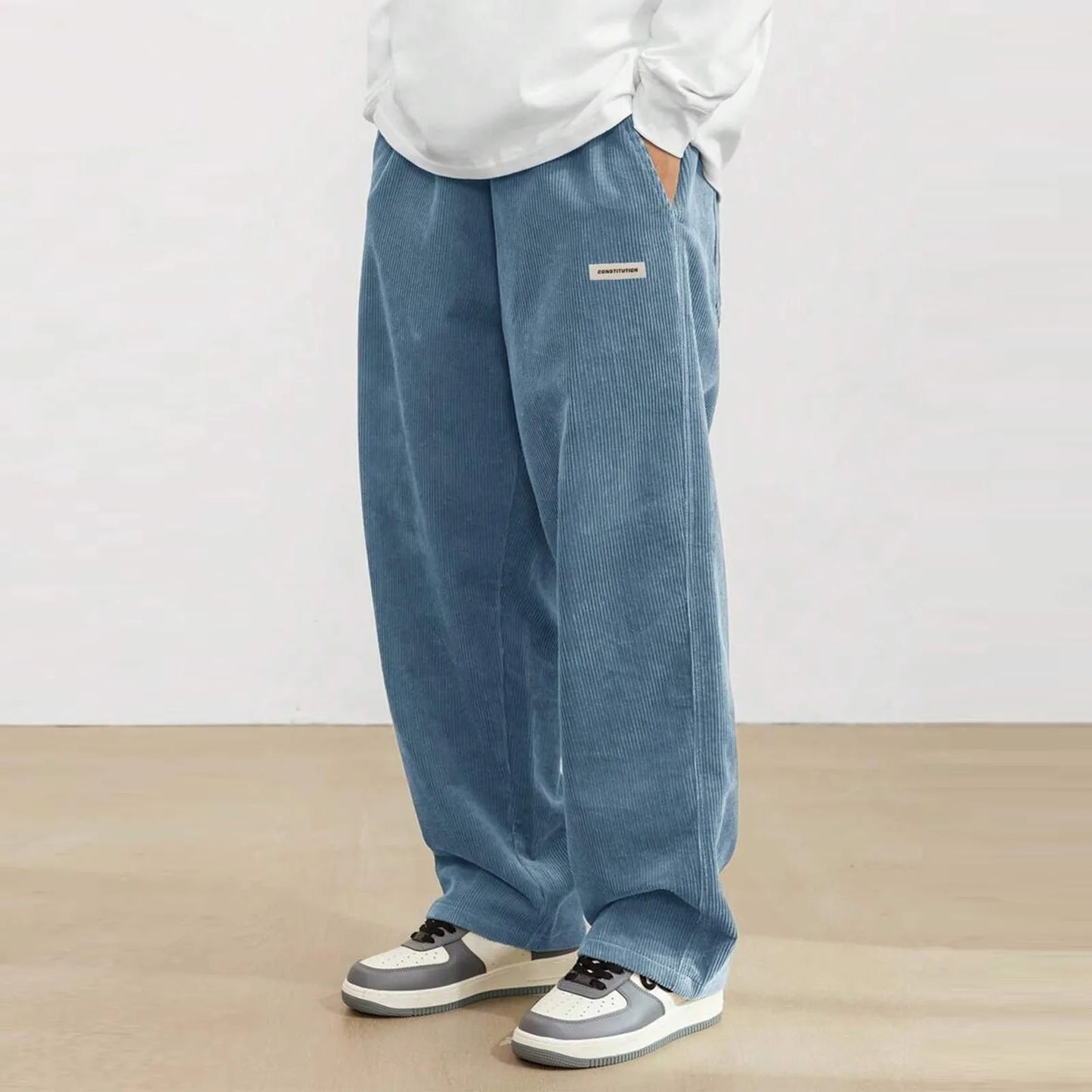 Men's Corduroy Pants Casual Drawstring Elastic Waist Straight Leg Sweatpants with Pockets