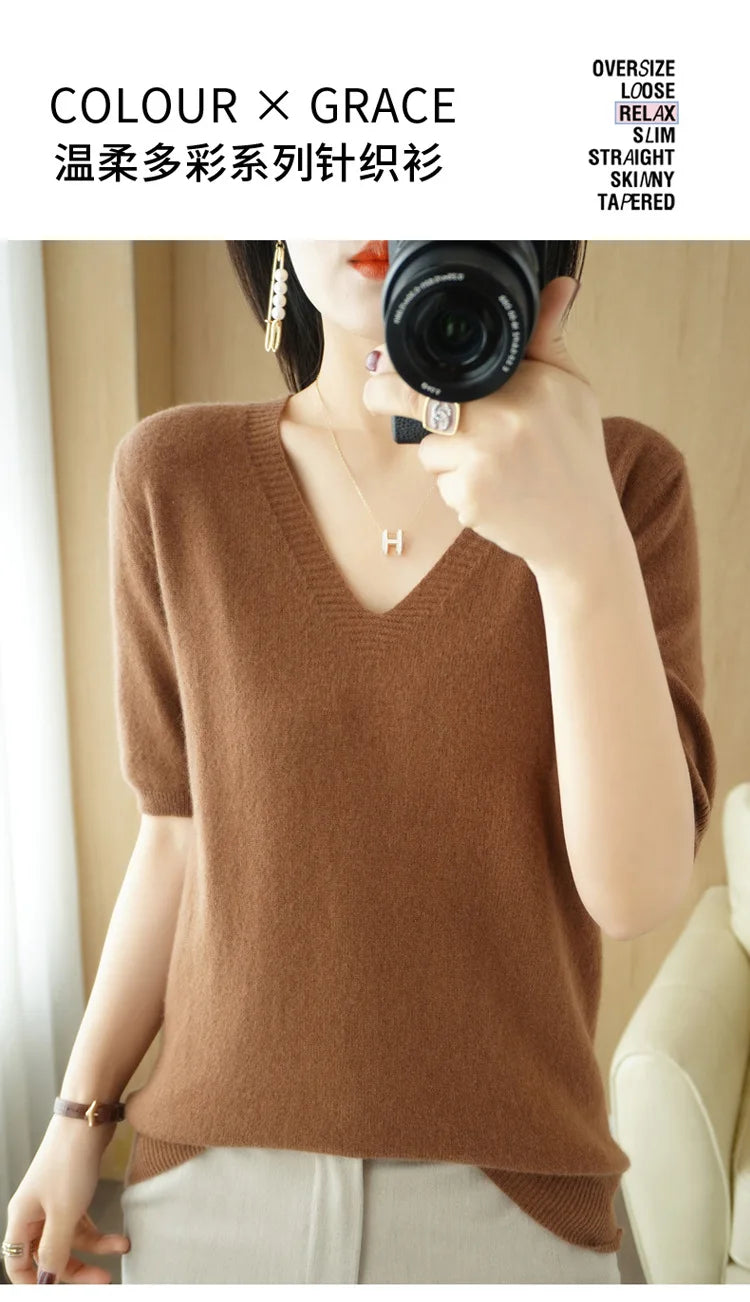 Spring/Summer 2022 Ladies Sweater Pullover Solid Color V-neck Half-sleeved Knitted Cashmere Sweater Thin Casual Top