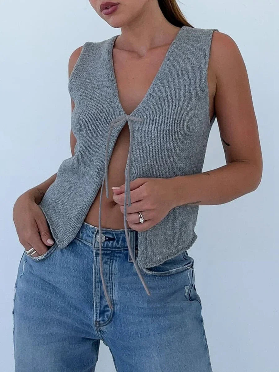 Women's Tie Front Knit Vest Sleeveless Crochet V Neck Y2K Crop Top - Seldom Seen Styles