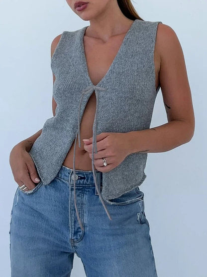 Women's Tie Front Knit Vest Sleeveless Crochet V Neck Y2K Crop Top
