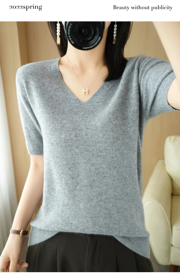 Spring/Summer 2022 Ladies Sweater Pullover Solid Color V-neck Half-sleeved Knitted Cashmere Sweater Thin Casual Top