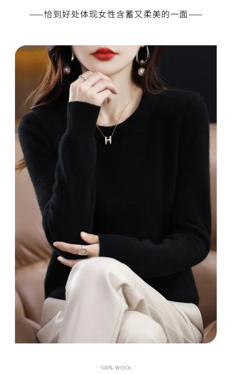 Women's 100% Pure Wool Cashmere Sweater O-Neck Pullover Knitted Casual Sweater Winter New  Long-Sleeved Warm High-Grade Jumper