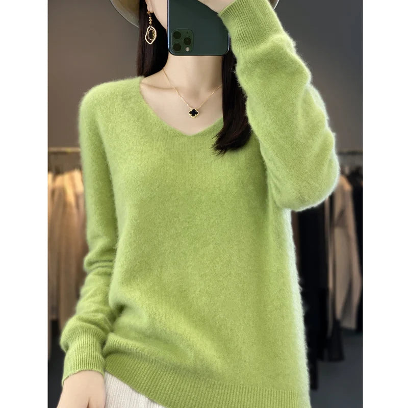 Merino Wool Women's Autumn And Winter Solid Color V-Neck Long-Sleeved Loose Knitted Sweater