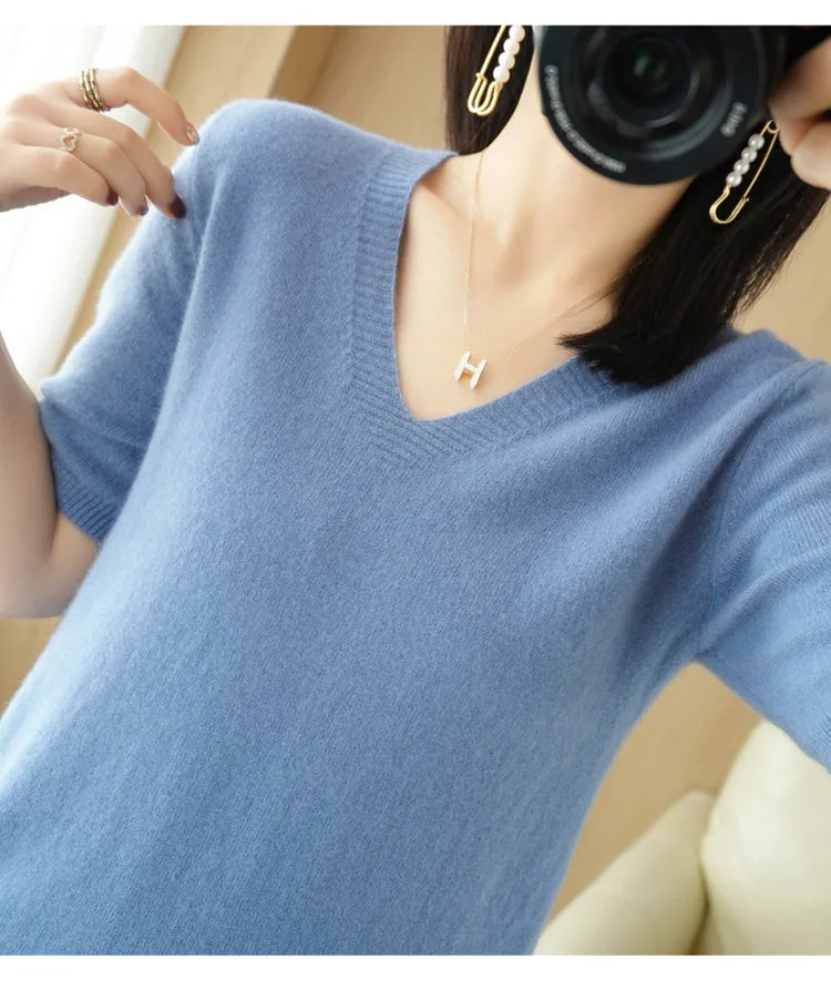 Spring/Summer 2022 Ladies Sweater Pullover Solid Color V-neck Half-sleeved Knitted Cashmere Sweater Thin Casual Top