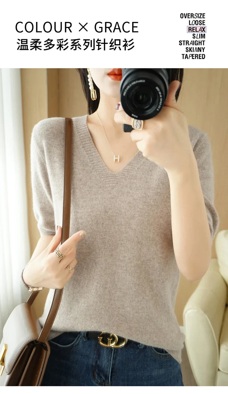 Spring/Summer 2022 Ladies Sweater Pullover Solid Color V-neck Half-sleeved Knitted Cashmere Sweater Thin Casual Top