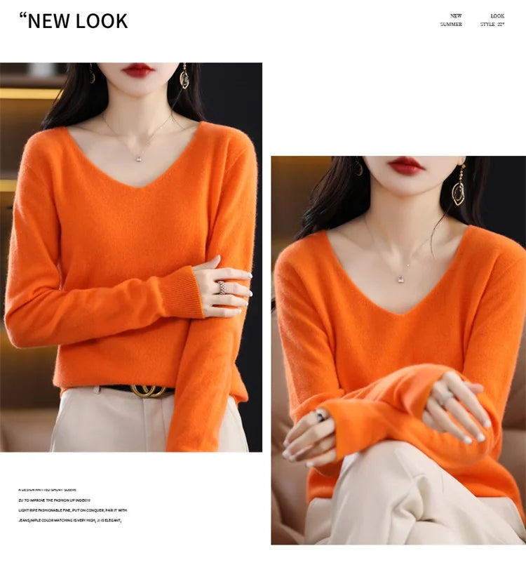 Merino Wool Women's Autumn And Winter Solid Color V-Neck Long-Sleeved Loose Knitted Sweater